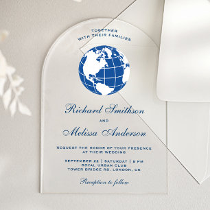 Invitations En Acrylique Carte du monde moderne globe mariage bleu