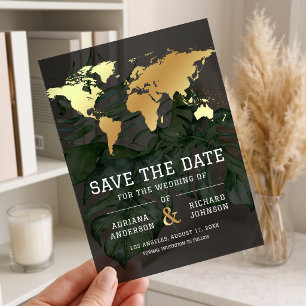 Invitations En Acrylique Carte du monde tropicale en or foncé pour mariage 
