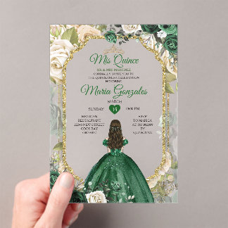 Invitations En Acrylique Carton de Quinceañera Vert Émeraude à Paillettes D