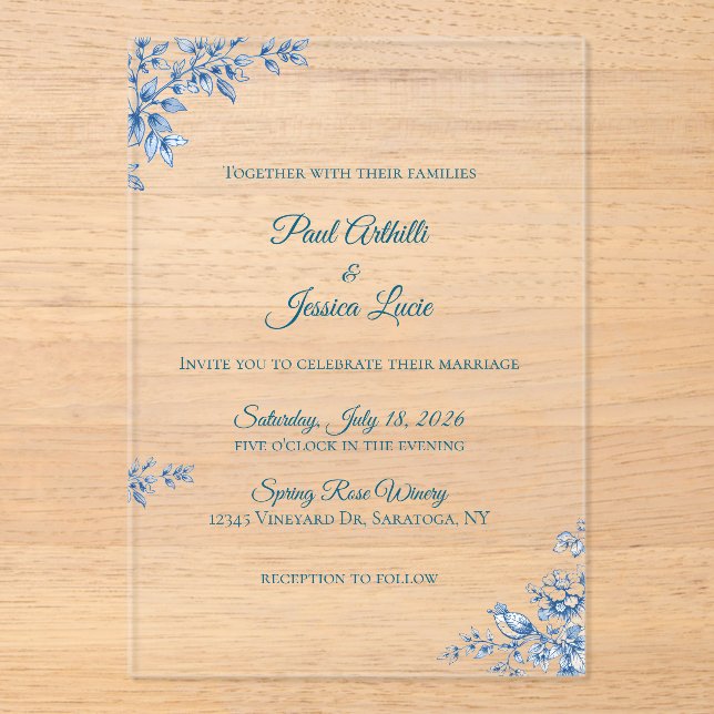 Invitations En Acrylique Carton d'invitation de mariage floral bleu et blan (Recto)