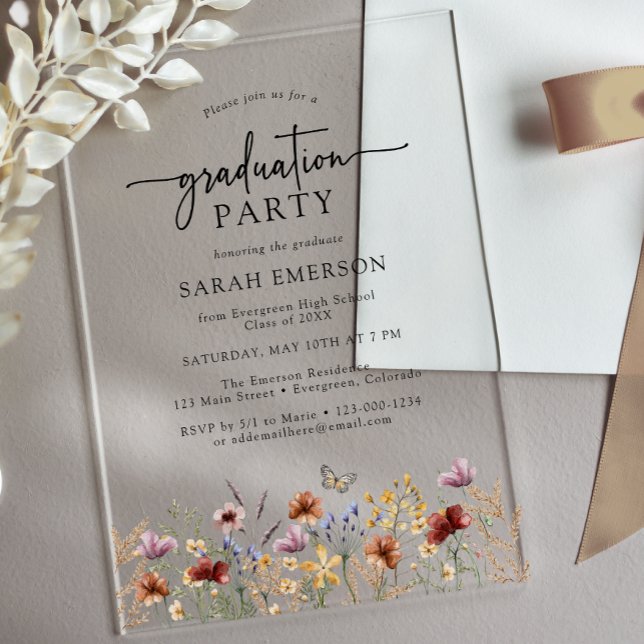 Invitations En Acrylique Carton d'invitation en acrylique pour la remise de (Wildflower Graduation Acrylic Party Invitation with Butterfly by Painted Paperie
)