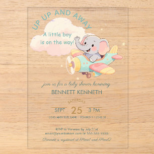 Invitations En Acrylique Carton d'invitation Garçon Éléphant Aéroplane Aqua
