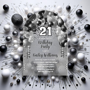Invitations En Acrylique Cartons de ballons argentés noirs pour 21e anniver