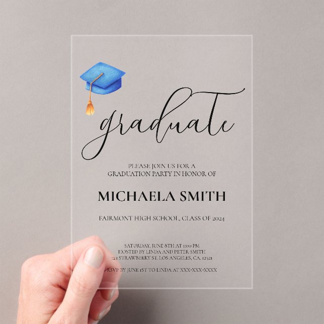 Invitations En Acrylique Casquette bleu moderne Lycée photo fête de graduat (In situ (ordinateur de poche))