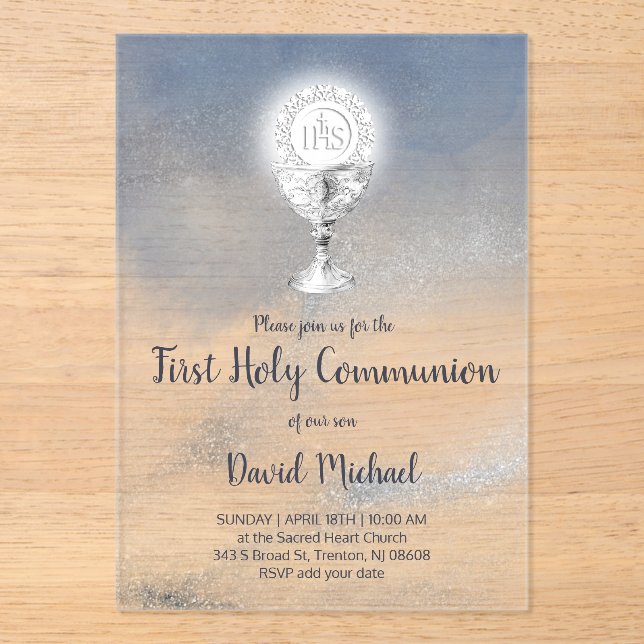 Invitations En Acrylique catholic boy first communion watercolor marble (Recto)