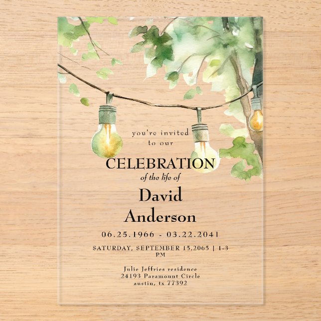 Invitations En Acrylique Célébration de la vie Arbre & Lumières  (Recto)