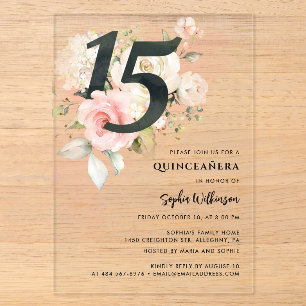 Invitations En Acrylique Célébration de Quinceanera aux fleurs roses