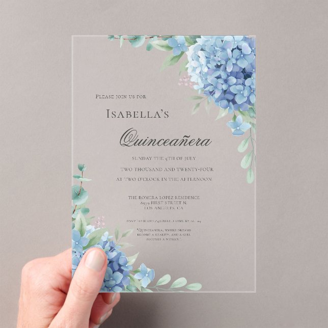 Invitations En Acrylique Célébration de Quinceañera Hydrangea Bleue 15 (In situ (ordinateur de poche))