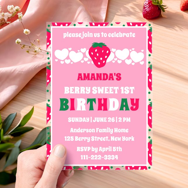 Invitations En Acrylique Célébration du premier anniversaire de la fraise (Créateur téléchargé)