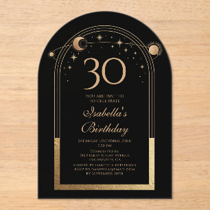 Invitations En Acrylique Céleste Black Gold Sun Moon Stars 30e anniversaire