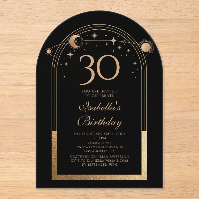 Invitations En Acrylique Céleste Black Gold Sun Moon Stars 30e anniversaire (Recto)