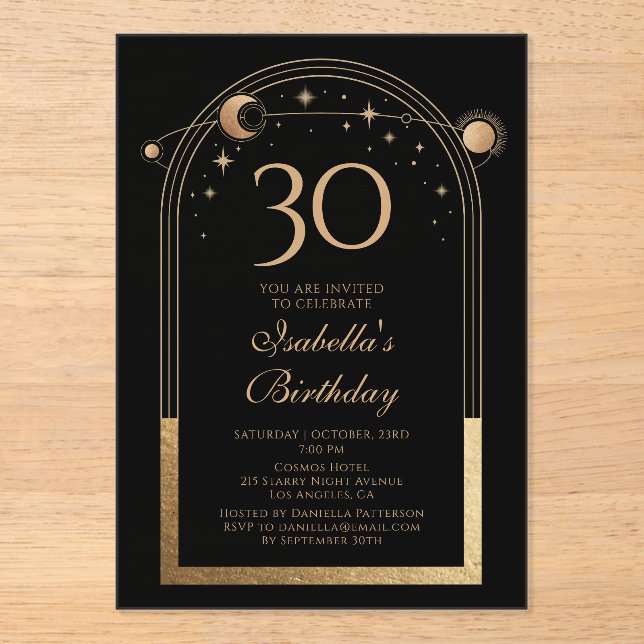 Invitations En Acrylique Céleste Black Gold Sun Moon Stars 30e anniversaire (Recto)