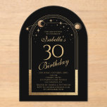 Invitations En Acrylique Céleste Black Gold Sun Moon Stars 30e anniversaire<br><div class="desc">Celestial Black Gold Sun Moon Astronomy 30e anniversaire Acrylique Invitations dispose d'un élégant soleil doré, lune et étoiles avec un cadre doré sur un arrière - plan noir. A l'intérieur, vous avez vos informations d'invitation personnalisées pour le trentième anniversaire. Personnalisez en modifiant le texte dans les zones de texte. Conçu...</div>