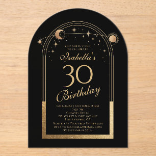 Invitations En Acrylique Céleste Black Gold Sun Moon Stars 30e anniversaire