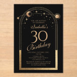 Invitations En Acrylique Céleste Black Gold Sun Moon Stars 30e anniversaire<br><div class="desc">Celestial Black Gold Sun Moon Astronomy 30e anniversaire Acrylique Invitations dispose d'un élégant soleil doré, lune et étoiles avec un cadre doré sur un arrière - plan noir. A l'intérieur, vous avez vos informations d'invitation personnalisées pour le trentième anniversaire. Personnalisez en modifiant le texte dans les zones de texte. Conçu...</div>