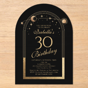 Invitations En Acrylique Céleste Soleil Lune Étoiles Noir Or 30e Anniversai