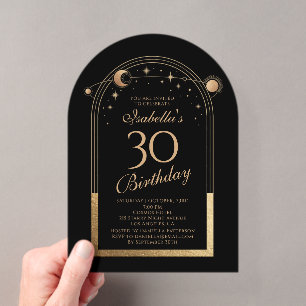 Invitations En Acrylique Céleste Soleil Lune Étoiles Noir Or 30e Anniversai