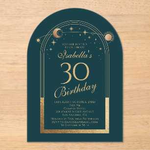Invitations En Acrylique Celestial Green Gold Sun Moon Stars 30e anniversai