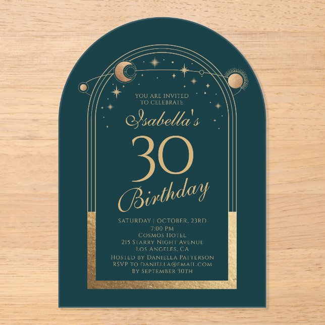 Invitations En Acrylique Celestial Green Gold Sun Moon Stars 30e anniversai (Recto)