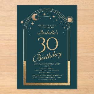 Invitations En Acrylique Celestial Green Gold Sun Moon Stars 30e anniversai