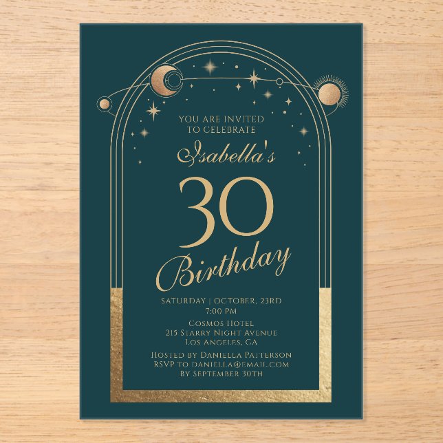 Invitations En Acrylique Celestial Green Gold Sun Moon Stars 30e anniversai (Recto)