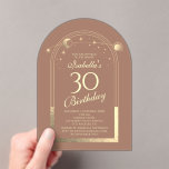 Invitations En Acrylique Celestial Mocha Gold Sun Moon Stars 30e anniversai<br><div class="desc">Celestial Mocha Mousse Gold Sun Moon Astronomy 30th Birthday Acrylique Invitations dispose d'un élégant soleil doré, lune et étoiles avec un cadre doré sur un arrière - plan mocha mousse. A l'intérieur, vous avez vos informations d'invitation personnalisées pour le trentième anniversaire. Personnalisez en modifiant le texte dans les zones de...</div>