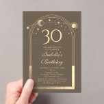 Invitations En Acrylique Celestial Mocha Gold Sun Moon Stars 30e anniversai<br><div class="desc">Celestial Mocha Gold Sun Moon Astronomy 30e anniversaire Acrylique Invitations dispose d'un élégant soleil doré, lune et étoiles avec un cadre doré sur un arrière - plan mocha. A l'intérieur, vous avez vos informations d'invitation personnalisées pour le trentième anniversaire. Personnalisez en modifiant le texte dans les zones de texte. Conçu...</div>