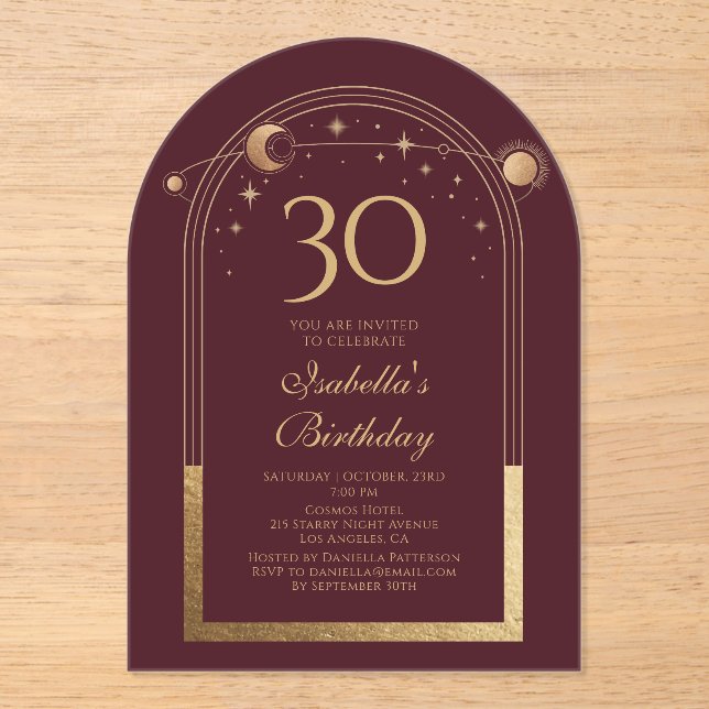 Invitations En Acrylique Celestial Red Gold Sun Moon Stars 30e anniversaire (Recto)