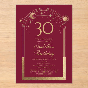 Invitations En Acrylique Celestial Red Gold Sun Moon Stars 30e anniversaire