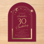 Invitations En Acrylique Celestial Red Gold Sun Moon Stars 30e anniversaire<br><div class="desc">Celestial Red Gold Sun Moon Astronomy 30e anniversaire Acrylique Invitations dispose d'un élégant soleil doré, lune et étoiles avec un cadre doré sur un arrière - plan rouge. A l'intérieur, vous avez vos informations d'invitation personnalisées pour le trentième anniversaire. Personnalisez en modifiant le texte dans les zones de texte. Conçu...</div>