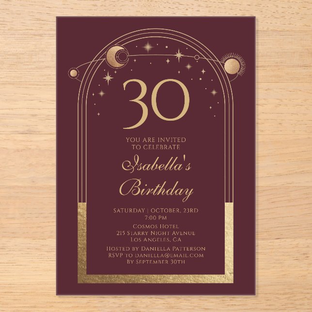 Invitations En Acrylique Celestial Red Gold Sun Moon Stars 30e anniversaire (Recto)
