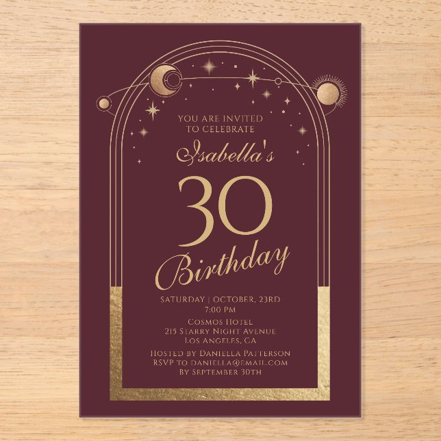 Invitations En Acrylique Celestial Red Gold Sun Moon Stars 30e anniversaire (Recto)