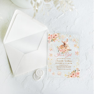 Invitations En Acrylique Ceremonie Bebe Fille Cerf Hiver Rose