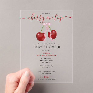 Invitations En Acrylique Cerise sur le dessus Baby shower moderne Rose Bow 
