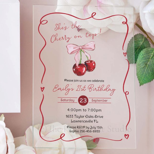 Invitations En Acrylique Cerise sur le dessus Ruban rose Coquette Anniversa (Créateur téléchargé)
