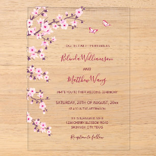 Invitations En Acrylique Cerisiers Fleurs Roses Mariage Clair