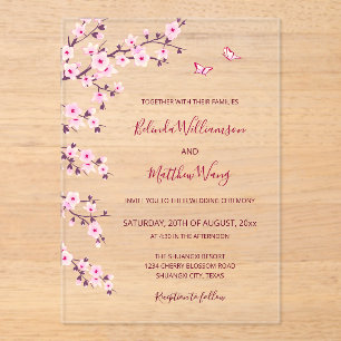 Invitations En Acrylique Cerisiers Fleurs Roses Mariage Transparent