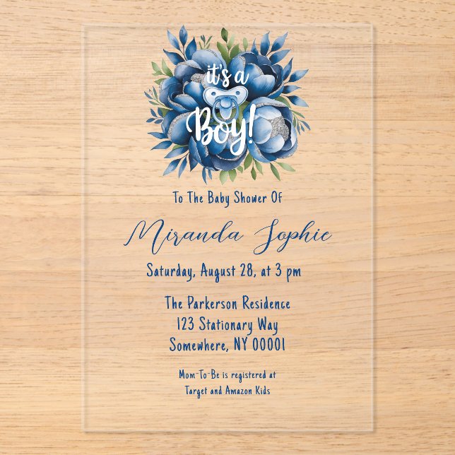 Invitations En Acrylique C'est un garçon ! Baby shower Pacifique et pivoine (Recto)
