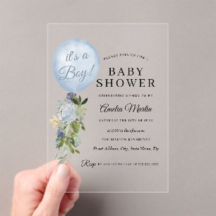 Invitations En Acrylique C'est un garçon Balloon Baby Shower Bleu