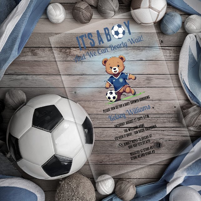 Invitations En Acrylique C'est un garçon Bearly Wait Soccer Player Baby sho ("It's A Boy and We Can Bearly Wait!" Teddy Bear Soccer Player Boy Baby Shower Invitation)
