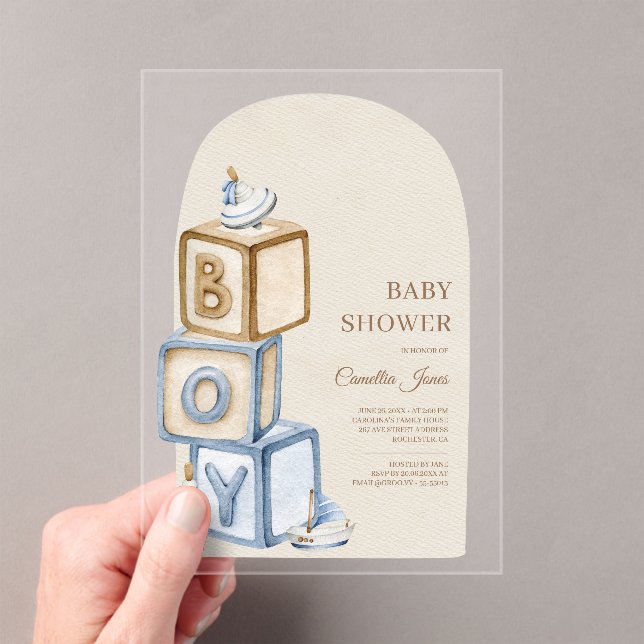 Invitations En Acrylique C'est un garçon Bleu Boho Blocks Et Baby shower de (In situ (ordinateur de poche))