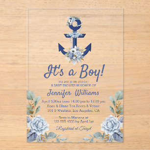 Invitations En Acrylique c'est un garçon, bleu marine baby shower nautique