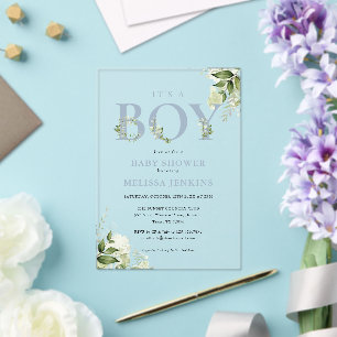 Invitations En Acrylique C'est un garçon Dusty Blue Greenery Lettre Baby Sh