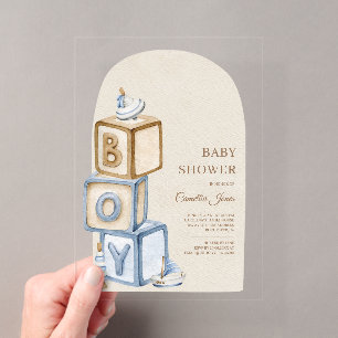 Invitations En Acrylique C'est un garçon Fête de bébé Blocks Et Jouets Bleu