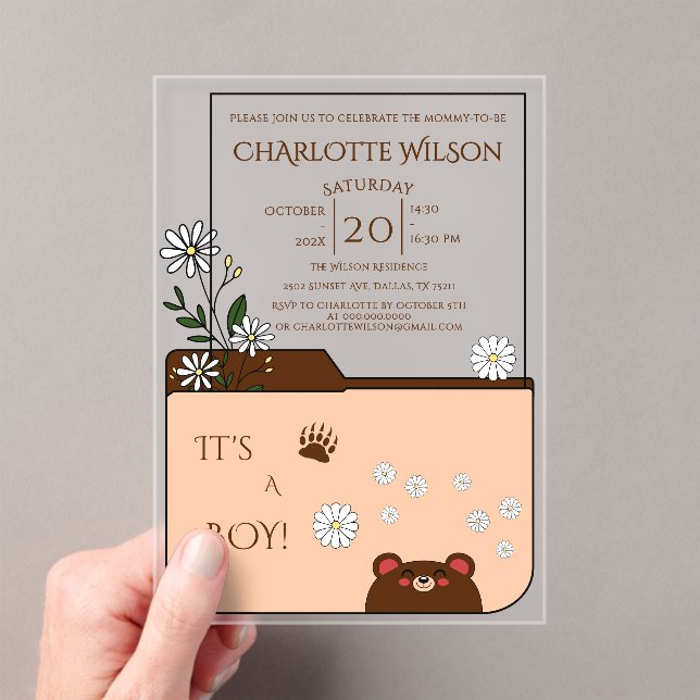 Invitations En Acrylique C'est un garçon ! Ourson mignon et fleurs de margu (In situ (ordinateur de poche))