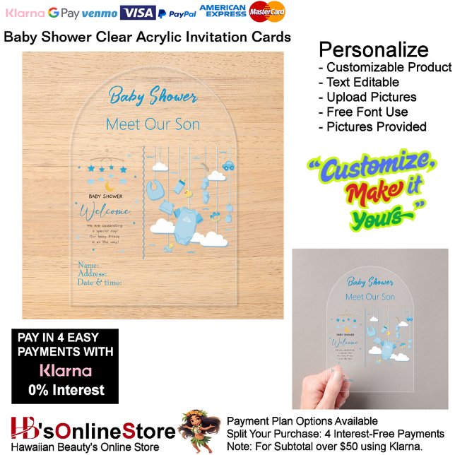 Invitations En Acrylique C'est une carte d'invitation pour Baby shower garç (Boy's Baby Shower Birth Party Supplies Celebrate Clear Acrylic Invitations 22.)