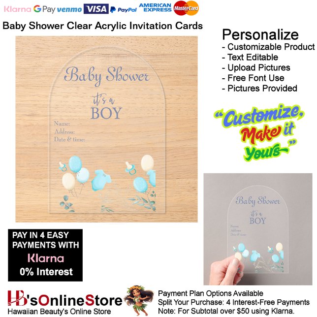 Invitations En Acrylique C'est une carte d'invitation pour Baby shower garç (Boy's Baby Shower Birth Party Supplies Celebrate Clear Acrylic Invitations 15.)