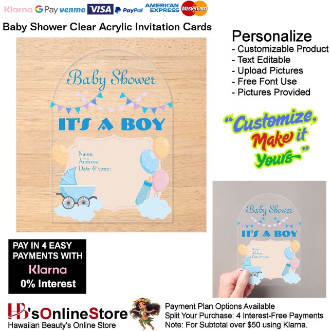 Invitations En Acrylique C'est une carte d'invitation pour Baby shower garç (Boy's Baby Shower Birth Party Supplies Celebrate Clear Acrylic Invitations 19.)