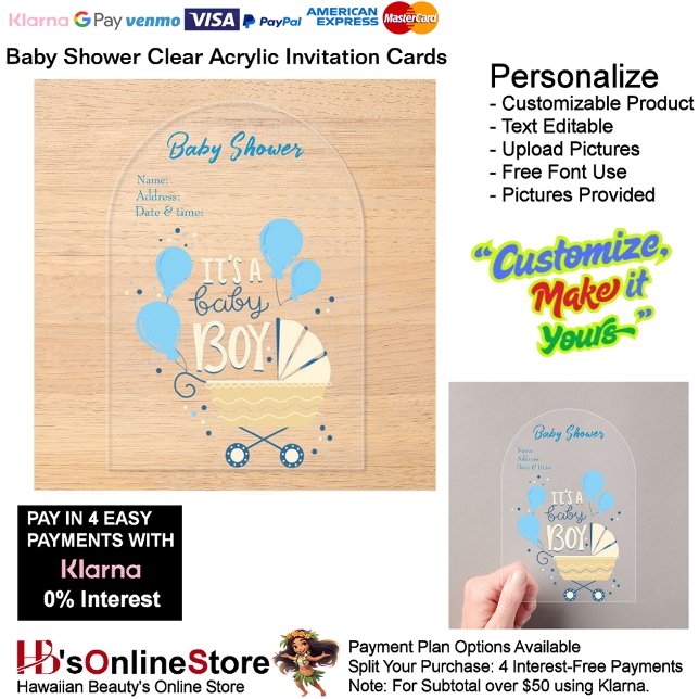 Invitations En Acrylique C'est une carte d'invitation pour Baby shower garç (Boy's Baby Shower Birth Party Supplies Celebrate Clear Acrylic Invitations 21.)