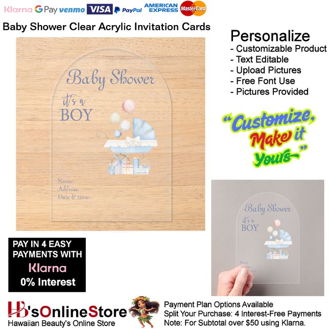 Invitations En Acrylique C'est une carte d'invitation pour Baby shower garç (Boy's Baby Shower Birth Party Supplies Celebrate Clear Acrylic Invitations 16.)